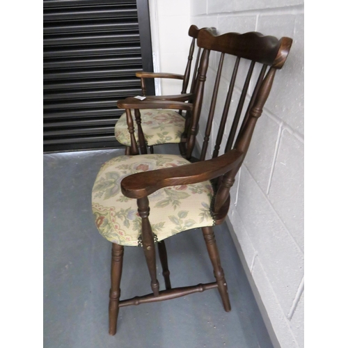 385 - PAIR OF VINTAGE OAK WINDSOR CHAIRS WITH STUDDED TAPESTRY SEATS