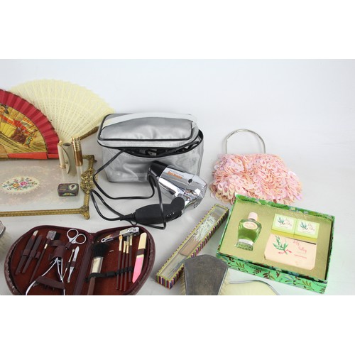 444 - 25 x Assorted Vintage LADIES VANITY Inc Ivorene Hand Fan, Manicure Sets Etc