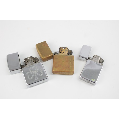 489 - 3 x Assorted ZIPPO Cigarette Lighters Inc Brass, Slimline, Clubs etc