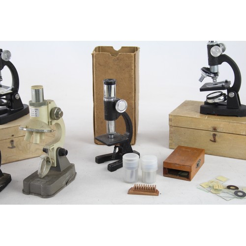 496 - 5 x Vintage Students Microscopes Inc Ross, Paul Plus, Merit, IMCO Etc