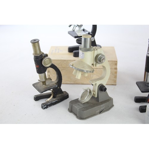 496 - 5 x Vintage Students Microscopes Inc Ross, Paul Plus, Merit, IMCO Etc