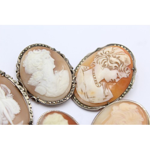 570 - 5 x .800 silver mounted shell cameo brooches (39g)