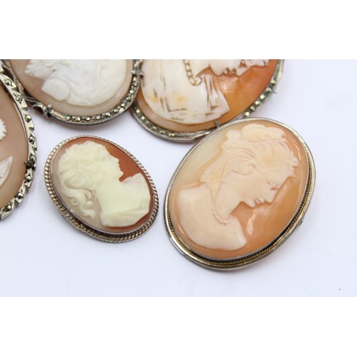 570 - 5 x .800 silver mounted shell cameo brooches (39g)