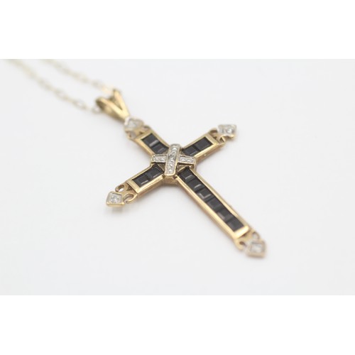 618 - 9ct gold diamond & sapphire cross pendant necklace (1.1g)