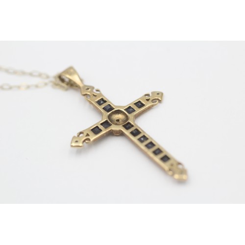 618 - 9ct gold diamond & sapphire cross pendant necklace (1.1g)