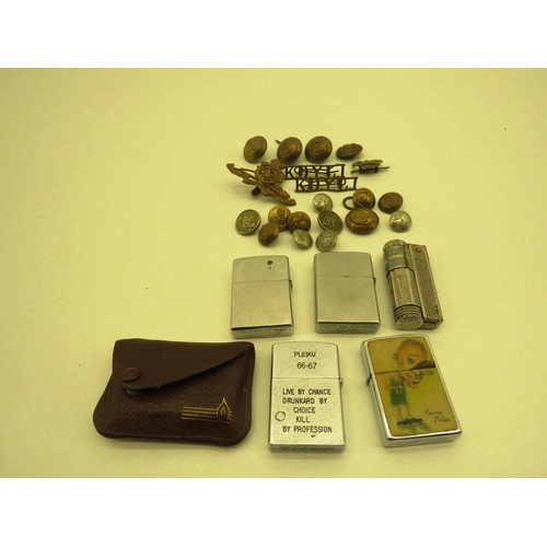 104 - MILITARY CAP BADGES, BUTTONS AND VINTAGE LIGHTERS INCLUDING ZIPPO'S