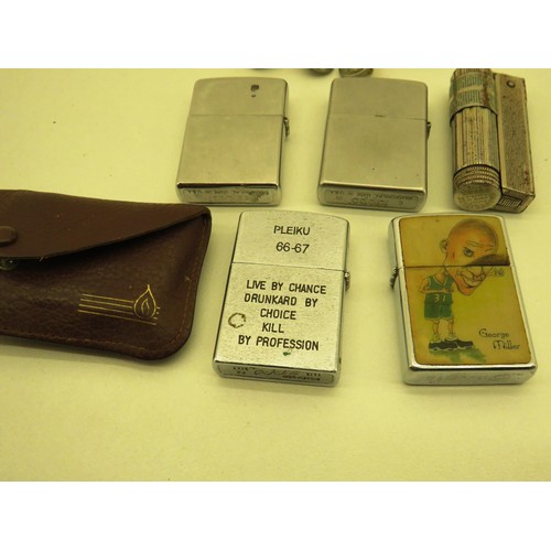 104 - MILITARY CAP BADGES, BUTTONS AND VINTAGE LIGHTERS INCLUDING ZIPPO'S