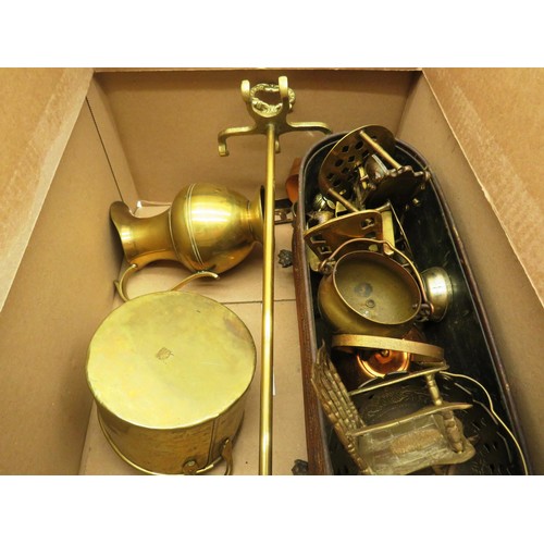 116 - BOX OF COPPER/ BRASSWARE INCLUDING COMPANION SET