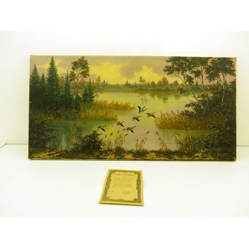 128 - ORIGINAL OIL ON CANVAS RIVER SCENE WITH DUCKS BY R.HIRSCHEL WITH CERTIFICATE OF AUTHENTICITY SOLD FR... 