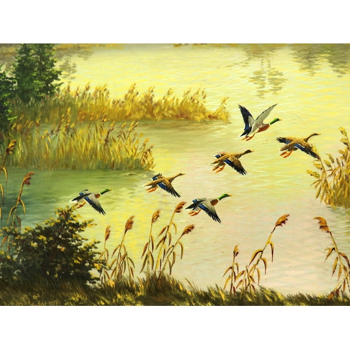 128 - ORIGINAL OIL ON CANVAS RIVER SCENE WITH DUCKS BY R.HIRSCHEL WITH CERTIFICATE OF AUTHENTICITY SOLD FR... 