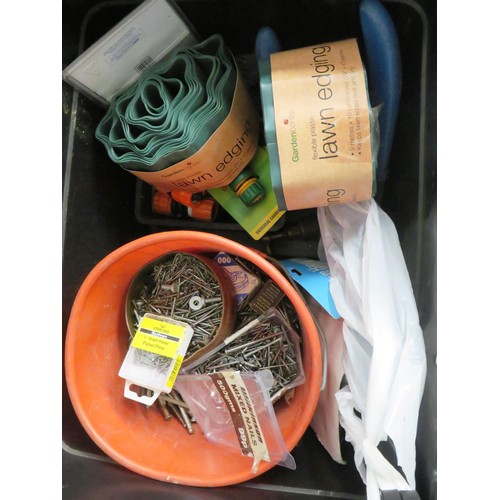 46 - MIXED BOX OF SHED CLEARANCE, NEW NAILS, HOSEPIPE FITTINGS NEW LOCK ETC