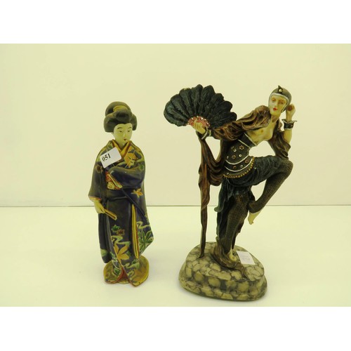 51 - ART DECO TOSCANO FAN DANCER FIGURINE AND VINTAGE JAPANESE LADY FIGURINE