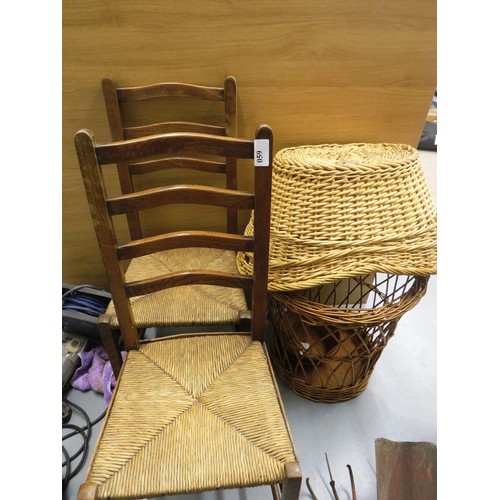 59 - SELECTION OF WICKER BASKETS AND TWO VINTAGE CHAIRS WITH WOVEN SEATS