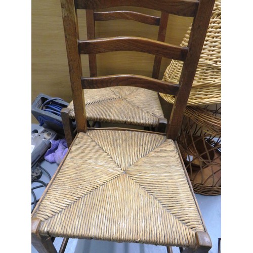 59 - SELECTION OF WICKER BASKETS AND TWO VINTAGE CHAIRS WITH WOVEN SEATS