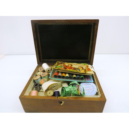 80 - ANTIQUE SEWING BOX FULL OF CONTENTS BOBBINS, SEWING, SUSAN  VINTAGE NEEDLES ETC