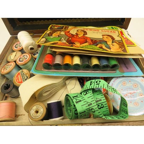 80 - ANTIQUE SEWING BOX FULL OF CONTENTS BOBBINS, SEWING, SUSAN  VINTAGE NEEDLES ETC