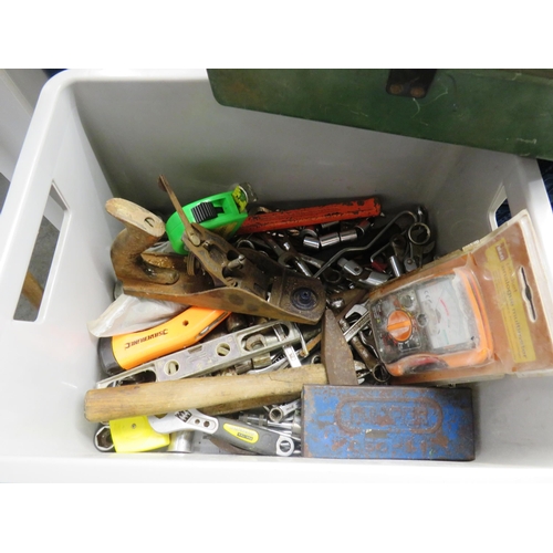 86 - BOX OF SOCKETS AND SPANNERS, RECORD PLANE, TOOL BOX ETC