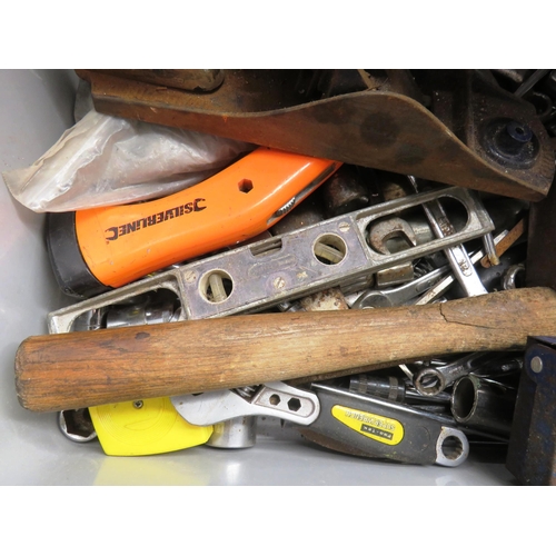 86 - BOX OF SOCKETS AND SPANNERS, RECORD PLANE, TOOL BOX ETC