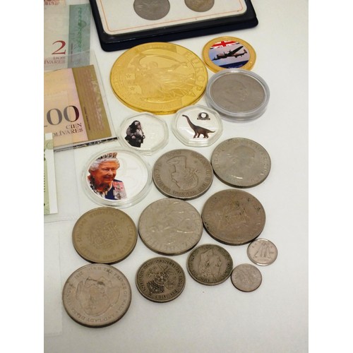 7 - VARIOUS BANKNOTES AND COINS, CROWNS ETC