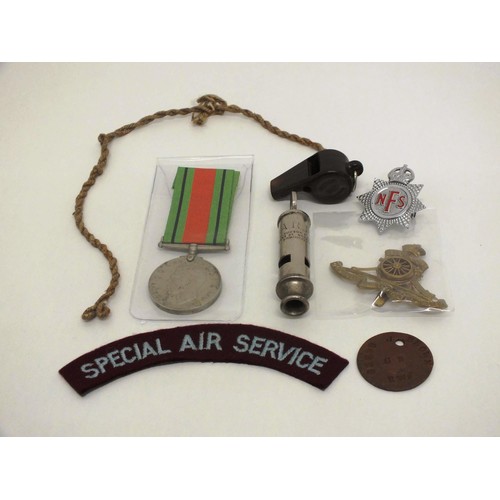 10 - AIR RAID WWII WHISTLE, DEFENCE MEDAL AND BADGES