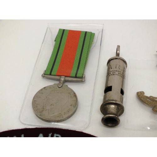 10 - AIR RAID WWII WHISTLE, DEFENCE MEDAL AND BADGES