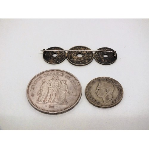 14 - 1920'S BELGIUM COIN BROOCH AND A LARGE SILVER FRENCH COIN