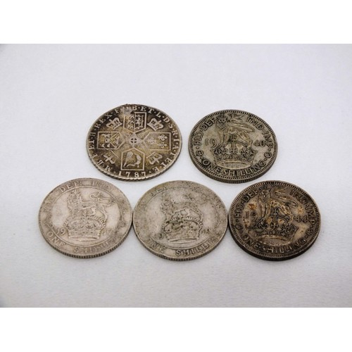 15 - FIVE SILVER ONE SHILLING COINS DATING FROM 1787