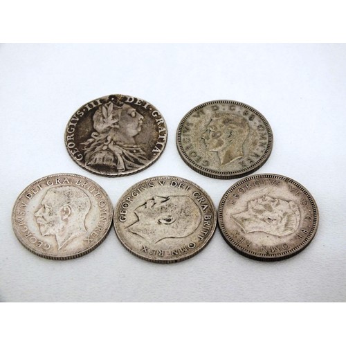 15 - FIVE SILVER ONE SHILLING COINS DATING FROM 1787