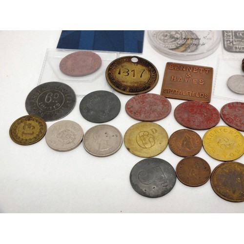 22 - VARIOUS COINS, TOKENS, PIT CHECKS ETC