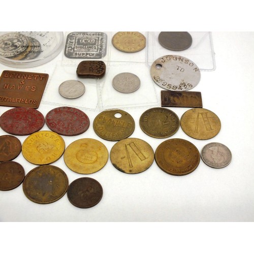 22 - VARIOUS COINS, TOKENS, PIT CHECKS ETC