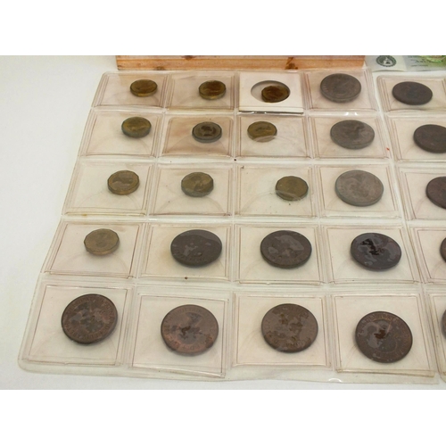 150 - LARGE BOX AND SHEET OF ASSORTED WORLD COINS PLUS THREE BANKENOTES