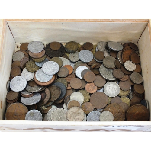 150 - LARGE BOX AND SHEET OF ASSORTED WORLD COINS PLUS THREE BANKENOTES