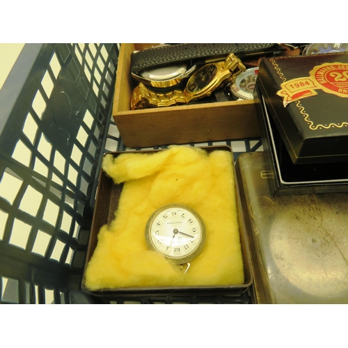 394 - TRAY OF COLLECTABLES INCLUDES WATCHES, POCKET WATCHES ETC