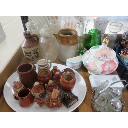 175 - SHELF LOT INCLUDES STONEWARE JUGS AND VASES