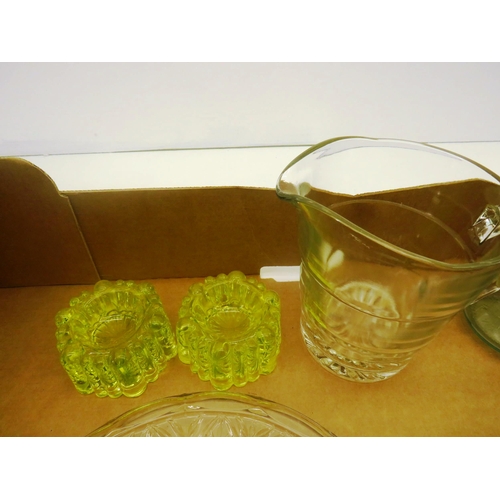 182 - COLLECTABLE GLASS- URANIUM GLASS ASHTRAYS, CAKE STAND ITALIAN JUG ETC