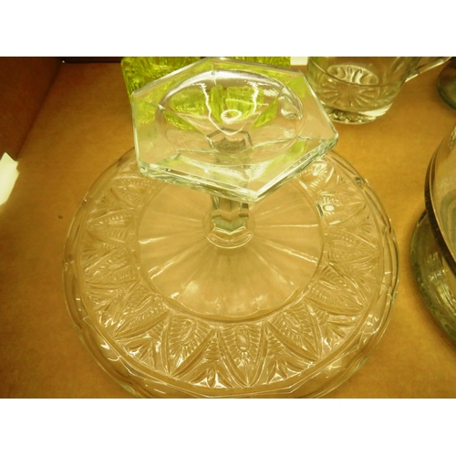 182 - COLLECTABLE GLASS- URANIUM GLASS ASHTRAYS, CAKE STAND ITALIAN JUG ETC