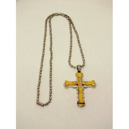 44 - LARGE GOLD & SILVER PLATED CROSS ON CHAIN  (MADE IN USA)