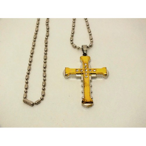 44 - LARGE GOLD & SILVER PLATED CROSS ON CHAIN  (MADE IN USA)