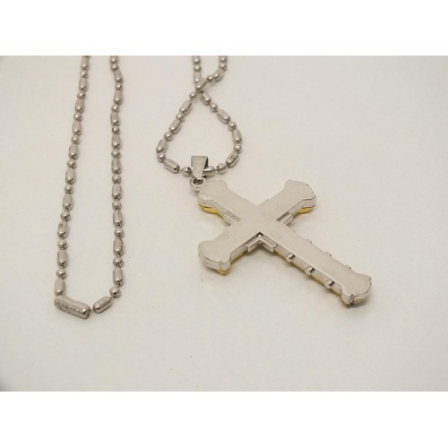 44 - LARGE GOLD & SILVER PLATED CROSS ON CHAIN  (MADE IN USA)