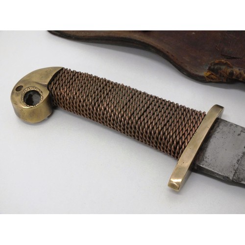 75 - ANTIQUE MEDIEVAL DAGGER IN ORIGINAL LEATHER SHEATH WITH COPPER AND BRASS HANDLE