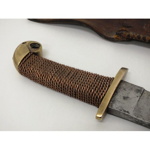 75 - ANTIQUE MEDIEVAL DAGGER IN ORIGINAL LEATHER SHEATH WITH COPPER AND BRASS HANDLE