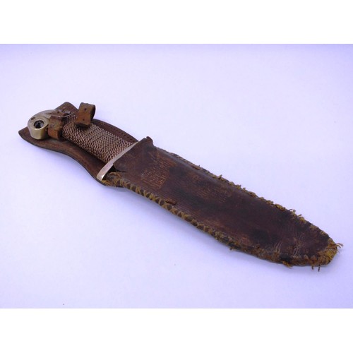 75 - ANTIQUE MEDIEVAL DAGGER IN ORIGINAL LEATHER SHEATH WITH COPPER AND BRASS HANDLE