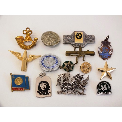 252 - COLLECTION OF VINTAGE BADGES, BROOCHES INCLUDES MILITARY, AUTOMOBILIA ETC