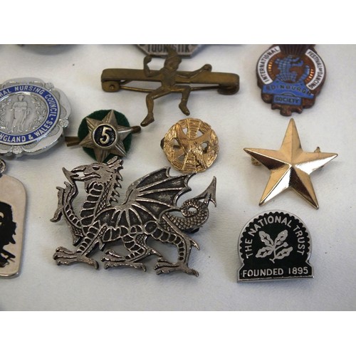 252 - COLLECTION OF VINTAGE BADGES, BROOCHES INCLUDES MILITARY, AUTOMOBILIA ETC