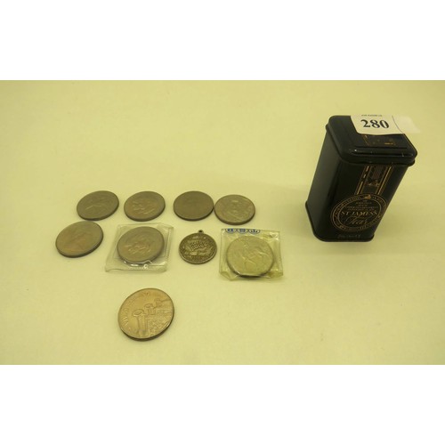 280 - COLLECTION OF COMMEMORATIVE COINS IN BLACK TIN