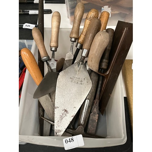 48 - LOT OF VINTAGE WHS TROWELS, JOHN BAKER FILES AND OTHER COLLECTABLE HAND TOOLS