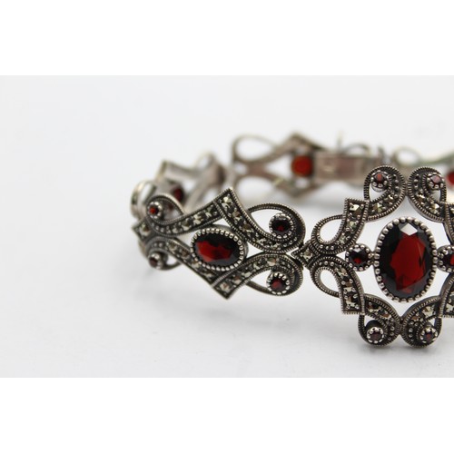 434 - .925 Marcasite And Garnet Panel Bracelet