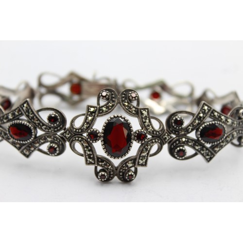 434 - .925 Marcasite And Garnet Panel Bracelet