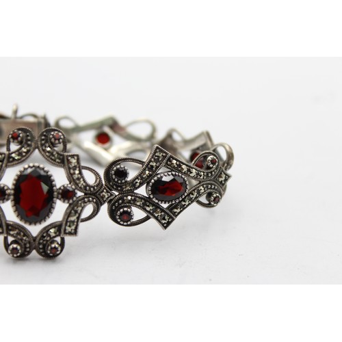 434 - .925 Marcasite And Garnet Panel Bracelet