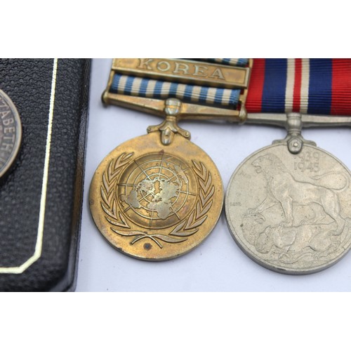 485 - 4 x WW2-ER.II Medals Inc War, Defence, UN Korea & Boxed Named Imperial Service